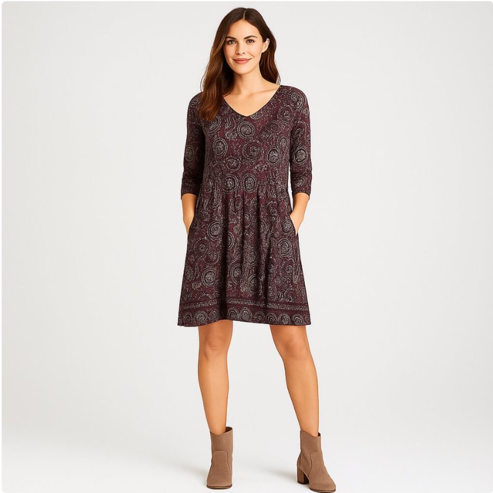 Garnet Hill Bohemian Paisley Print Dress Size 4 Plum Floral‎ 3/4 Sleeve Pockets